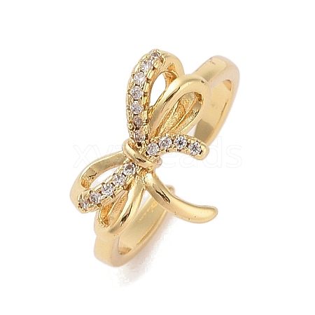 Bowknot Brass Micro Pave Clear Cubic Zirconia Open Cuff Rings RJEW-S417-01G-04-1