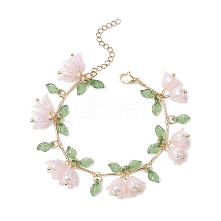 Flower Leaf Shell Pearl & Acrylic Charm Bracelets BJEW-TA00535-03-1