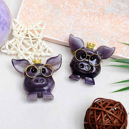 Natural Fluorite Pig with Glasses Energy Stone Figurine DJEW-PW0013-08-1