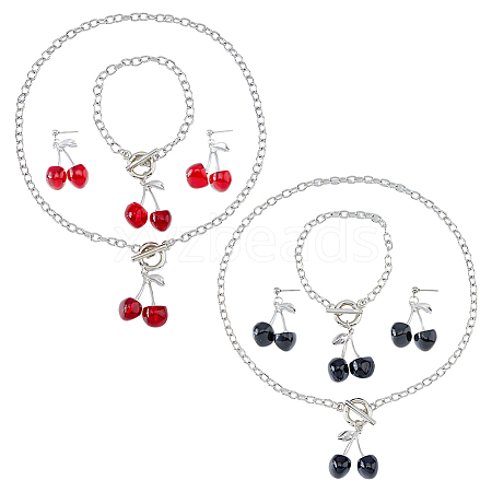 FIBLOOM 2 Set 2 Color Resin Cherry Pendant Necklace & Charm Bracelet & Dangle Stud Earrings SJEW-FI0001-18-1