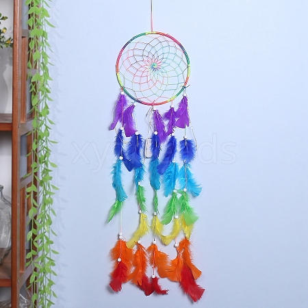 Rainbow Color Woven Web/Net with Feather Pendant Decorations PW-WG38297-01-1