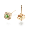 Green Glass Square Stud Earrings with Cubic Zirconia EJEW-G321-08G-2