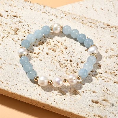Natural Quartz & Pearl Beaded Stretch Bracelet for Women BJEW-JB09384-04-1