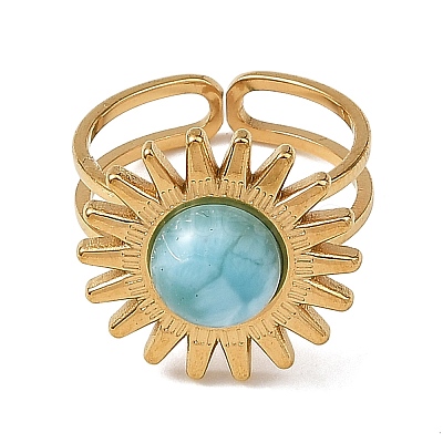 Natural Larimar Cabochons & Stainless Steel Cuff Open Rings RJEW-JR01090-01-1