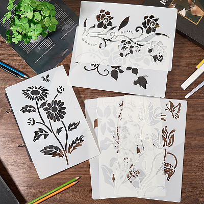 6Pcs 6 Styles Flower Theme PET Plastic Hollow Out Drawing Painting Stencils Templates DIY-WH20009-46-1