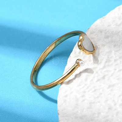 304 Stainless Steel & Natural Shell & Imitation Pearl Cuff Rings for Women RJEW-G372-01G-01-1