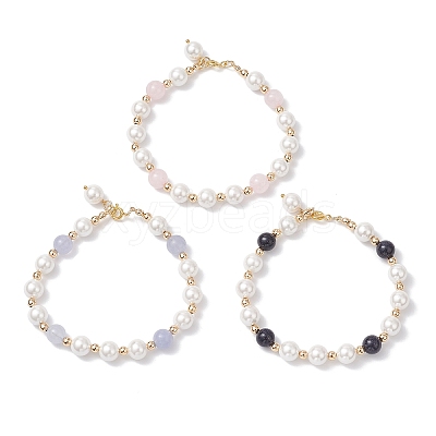 3Pcs 3 Styles Shell Pearl & Natural & Synthetic Mixed Gemstone Round Beadeded Bracelets for Women BJEW-JB12502-1