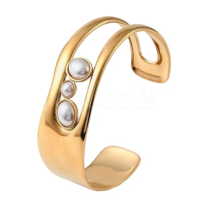 304 Stainless Steel Pave Plastic Pearl Cuff Bangles for Women BJEW-D465-01G-1