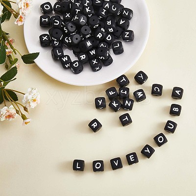 20Pcs Black Cube Letter Silicone Beads 12x12x12mm Square Dice Alphabet Beads with 2mm Hole Spacer Loose Letter Beads for Bracelet Necklace Jewelry Making JX433M-1