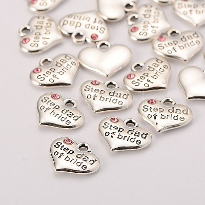 Wedding Theme Antique Silver Tone Tibetan Style Alloy Heart with Step Dad of Bride Rhinestone Charms TIBEP-N005-22A-1