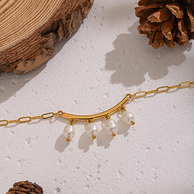 Natural Freshwater Pearl Rice Tassel 304 Stainless Steel Paperclip Chain Necklace for Women AR2544-1