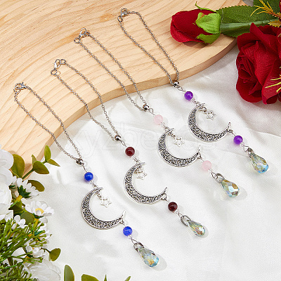 4Pcs Glass Teardrop & Alloy Moon Pendant Decorations HJEW-DC00104-1