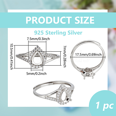 1Pc Teardrop Adjustable 925 Sterling Silver Rhinestone Finger Ring Components STER-BC0003-65-1