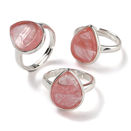 Cherry Quartz Glass Teardrop Adjustable Rings RJEW-K371-08S-13-1