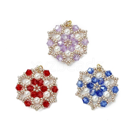 3Pcs Glass Seed Beaded Flower Pendants PALLOY-MZ00513-1