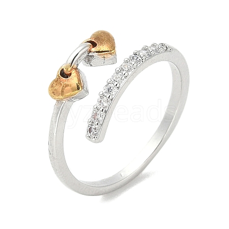 Heart Brass Micro Pave Cubic Zirconia Open Cuff Ring for Women RJEW-A040-01G-1