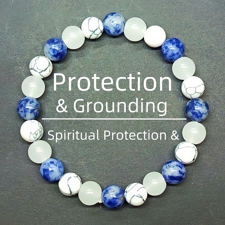Round Natural Blue Spot Jasper & Synthetic Howlite & Glass Beads Stretch Bracelets for Girl Women FS-WGE0C43-11-1