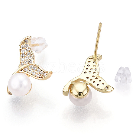 Brass Rhinestone Whale Tail & Natural Pearl Stud Earrings PEAR-N020-05I-1