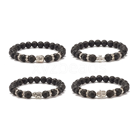 Round Natural Lava Rock with Alloy Beads Stretch Bracelet BJEW-JB07459-1