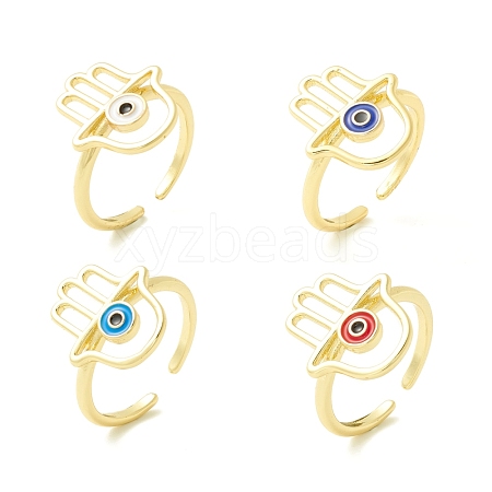 Hamsa Hand with Evil Eye Protection Enamel Open Ring RJEW-P027-04G-1