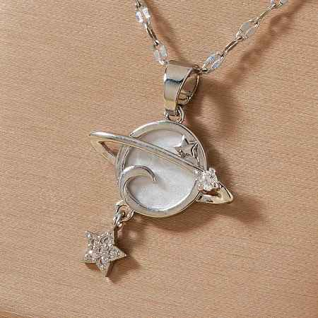 Stylish and Simple Brass Clear Cubic Zirconia Star Moon Planet Pendant Necklaces for Daily Wear OT4703-2-1