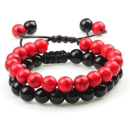 Adjustable Round Dyed Red Synthetic Turquoise & Obsidian Braided Bead Bracelet Sets MW1099-5-1