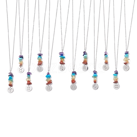 12Pcs 12 Constellations & Natural Mixed Gemstone Chips Pendant Necklaces Set NJEW-JN04282-1