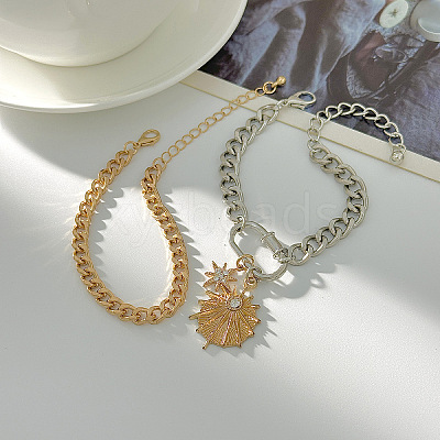 2Pcs 2 Styles Alloy & Iron & Crystal Rhinestone Charm Bracelets & Curb Chain Bracelets for Women FS-WGBE51F-01-1