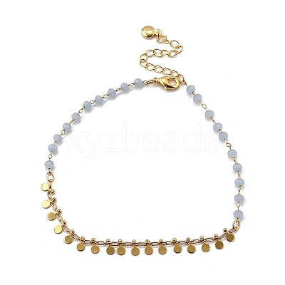 Bohemian Natural Dyed Stone Imitation Aquamarine Faceted Round & Brass Disc Tassel Anklets AJEW-Z046-07G-1