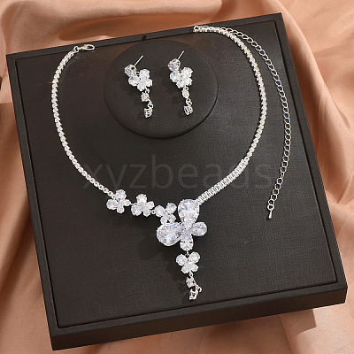 Butterfly Brass Micro Pave Clear Cubic Zirconia Pendant Necklaces & Stud Dangle Earrings Sets for Women FS-WGDDC3C-01-1