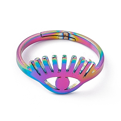Ion Plating(IP) 201 Stainless Steel Evil Eye Adjustable Ring for Women RJEW-K238-13M-1