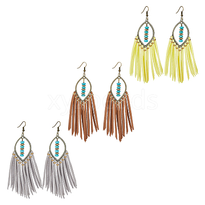 3 Pairs 3 Colors Imitation Leather Tassel Chandelier Earrings EJEW-FI0002-37-1