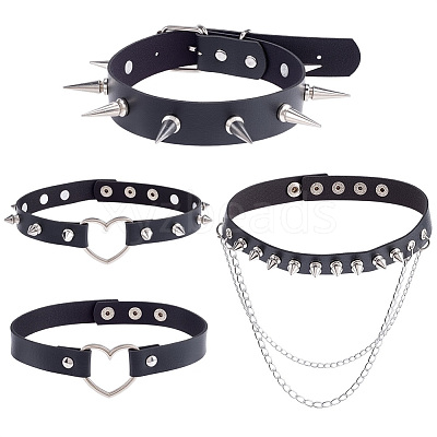 4Pcs 4 Styles Gothic Style Spiked Rivet Imitation Leather Chocker Necklaces NJEW-CL0001-19-1
