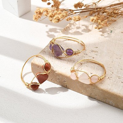 Copper Wire Wrapped Natural Amethyst & Rose Quartz & Red Jasper Braided Bead Rings for Women RJEW-JR00849-1