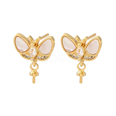 Brass Micro Pave Cubic Zirconia Shell Stud Earrings Findings KK-D363-01C-G-1