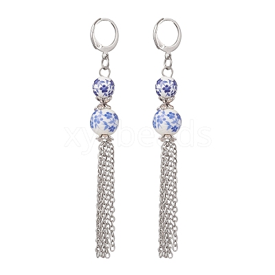 Handmade Flower Printed Porcelain Ceramic Beads Leverback Earrings EJEW-JE06893-1
