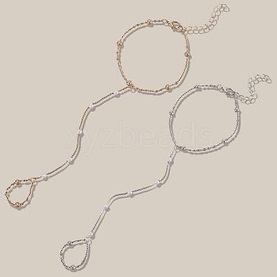 2Pcs 2 Colors Alloy Satellite Chains Finger Ring Bracelets for Women BJEW-CY0001-09-1