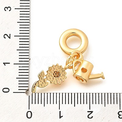 Brass Clear Cubic Zirconia Sunflower & Watering Can European Dangle Charms KK-U048-25G-1