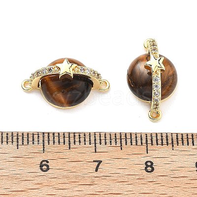 Brass Pave Natural Tiger Eye Planet Connector Charms KK-B129-03G-1