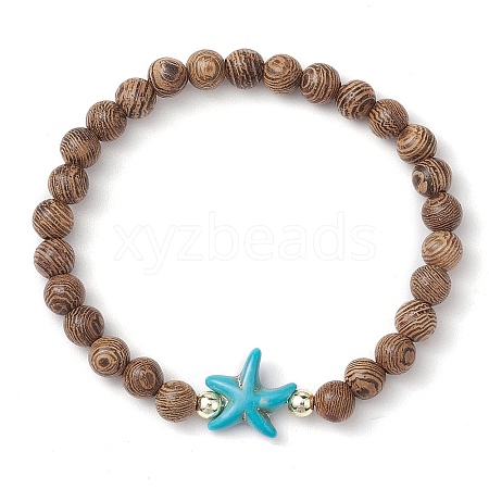 Summer Beach Starfish Dyed Synthetic Turquoise & 6mm Round Wenge Wood Beaded Stretch Bracelets for Women BJEW-JB10514-01-1