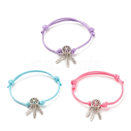 Alloy Web with Feather Beaded Cord Bracelet for Women BJEW-JB08278-1