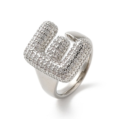 Letter Brass Micro Pave Clear Cubic Zirconia Open Cuff Ring for Women RJEW-N046-03E-P-1