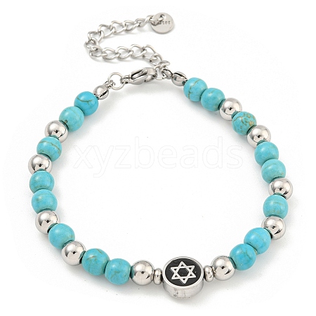 Star of David 304 Stainless Steel & Synthetic Turquoise Round Beaded Bracelets for Women BJEW-G717-06P-1