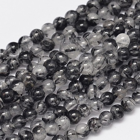 Round Natural Black Rutilated Quartz Beads Strands G-K068-21-4mm-1