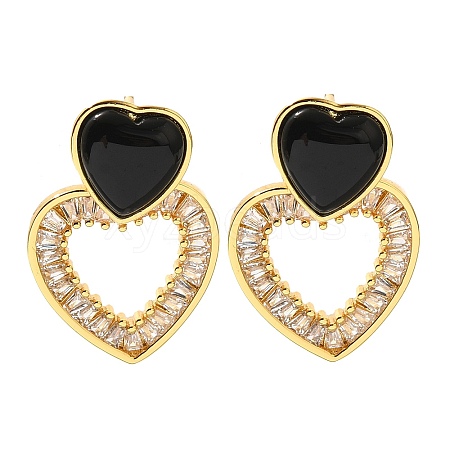 Brass Cubic Zirconia & Black Agate Stud Earrings EJEW-M048-03G-1