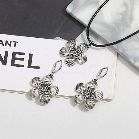 Flower Alloy with Imitation Leather Cord Pendant Necklace & Hoop Earring Sets FS-WGDD3CA-01-1