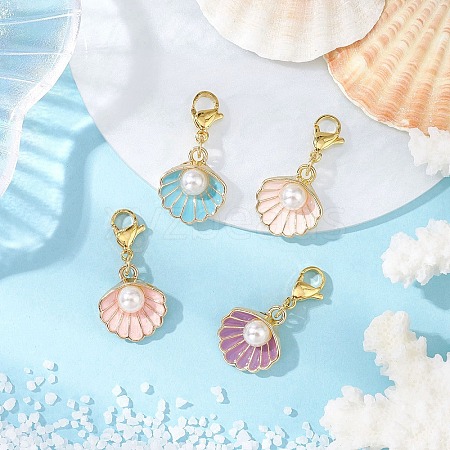 Shell Shape Alloy Enamel & ABS Plastic Imitation Pearl Pendant Decorations HJEW-JM02966-1