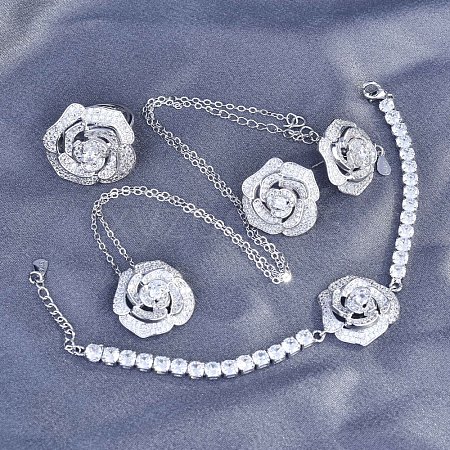 Flower Brass Micro Pave Cubic Zirconia Bracelets & Earrings & Pendant Necklaces & Rings Set WG37882-05-1