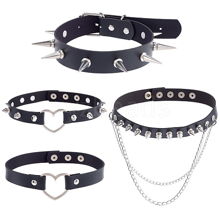 4Pcs 4 Styles Gothic Style Spiked Rivet Imitation Leather Chocker Necklaces NJEW-CL0001-19-1