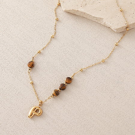 European Faceted Natural Tiger Eye 304 Stainless Steel Alphabet Pendant Necklaces QN9691-16-1